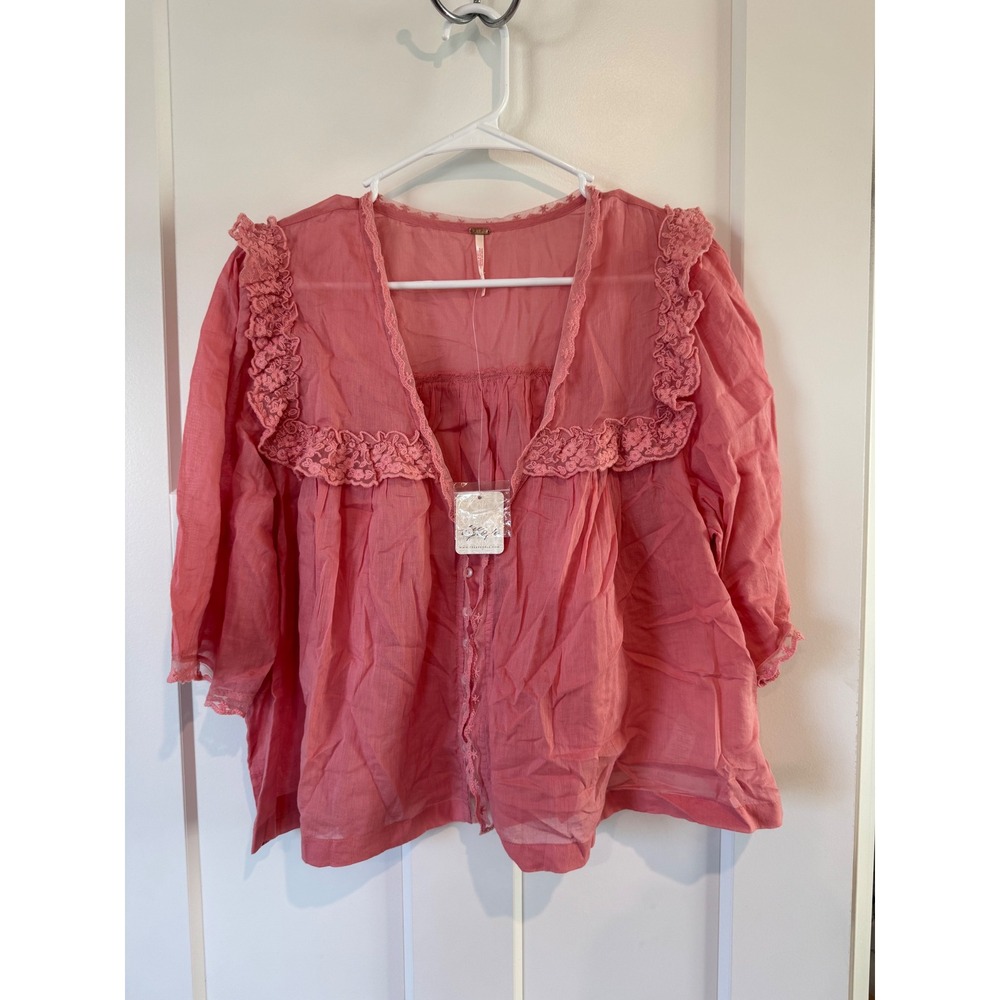 Free People Women's Luna Top Mauve Glow Lace Trim Babydoll Blouse Pink Top Large
